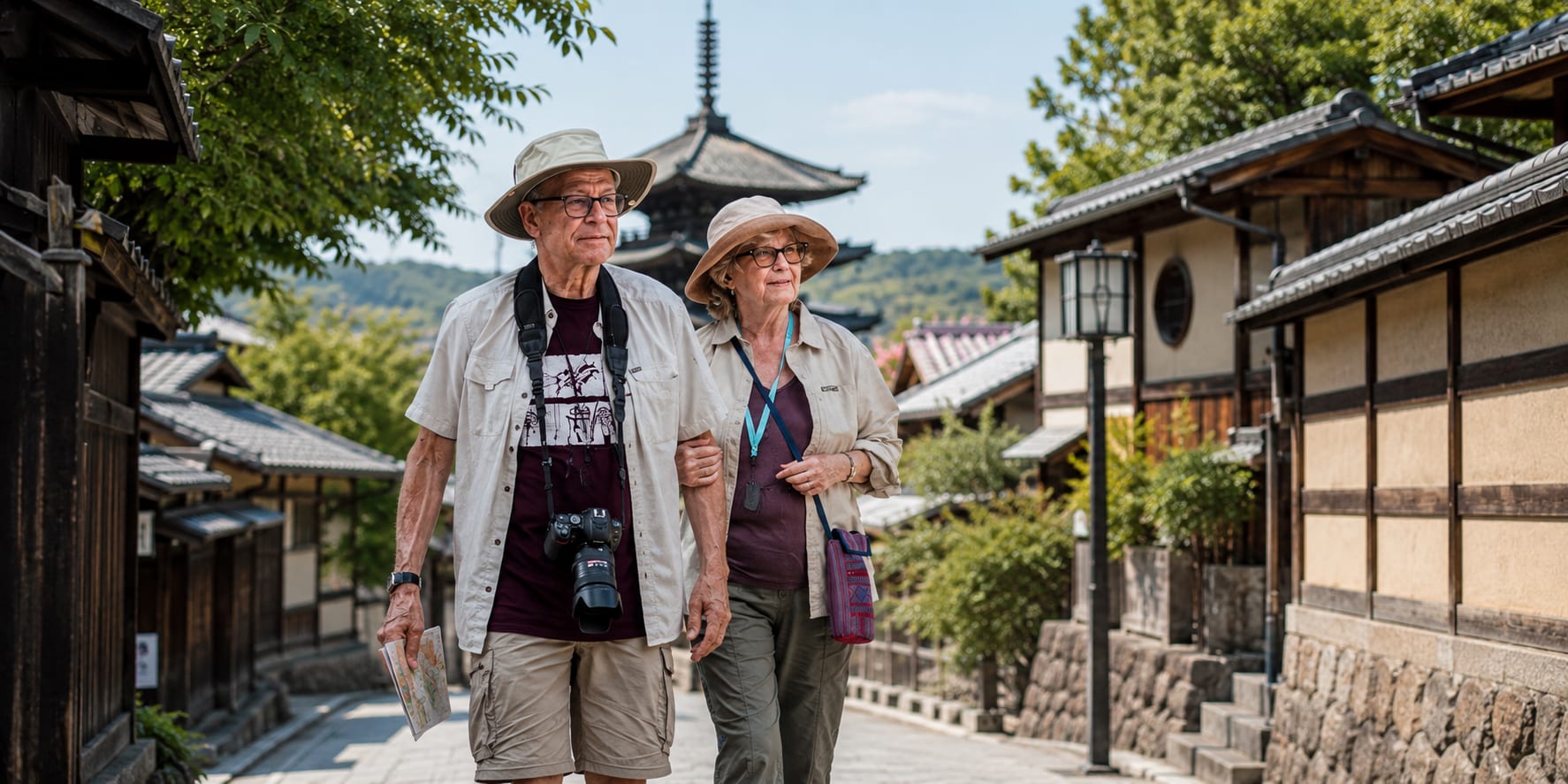 Senior couple with a camera and map walking through a traditional street in Kyoto, a pagoda in the background